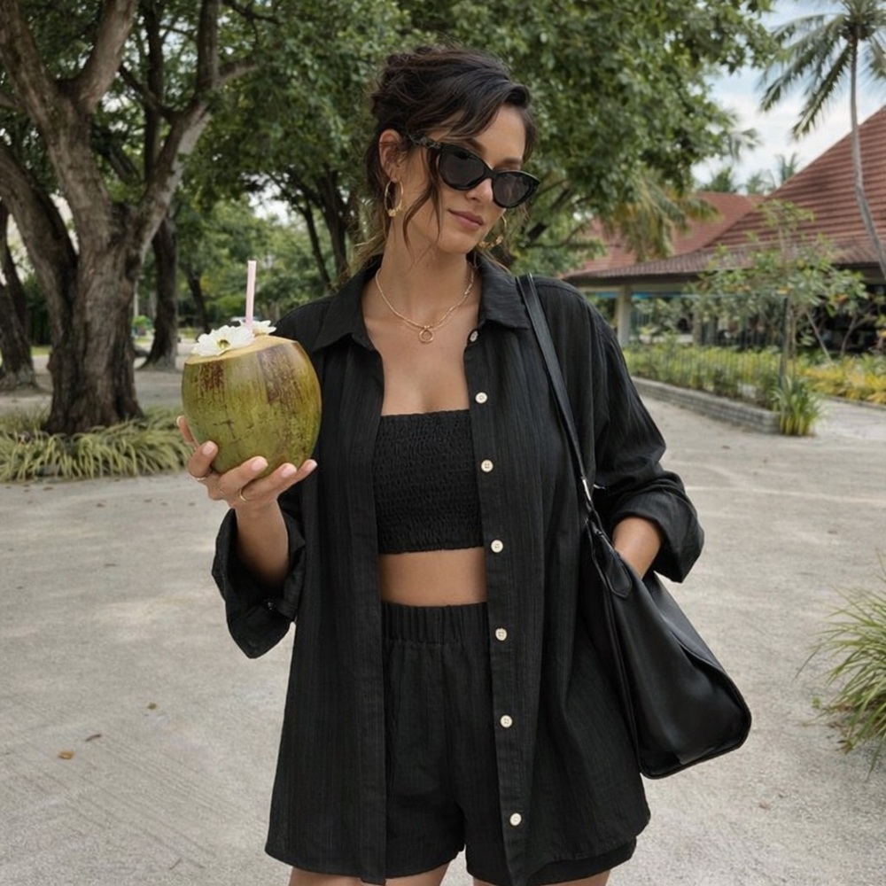 3 piece set: button up shirt bandeau shorts boho coords textured black
